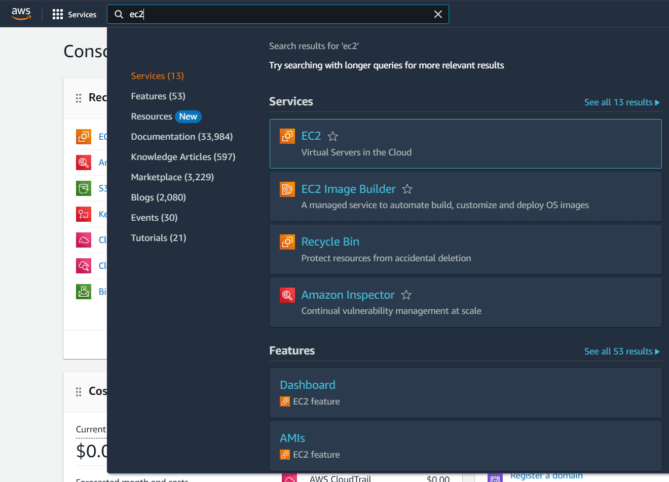 Search EC2 in AWS Console