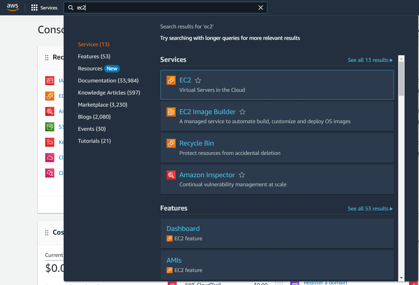 Search EC2 in AWS Console