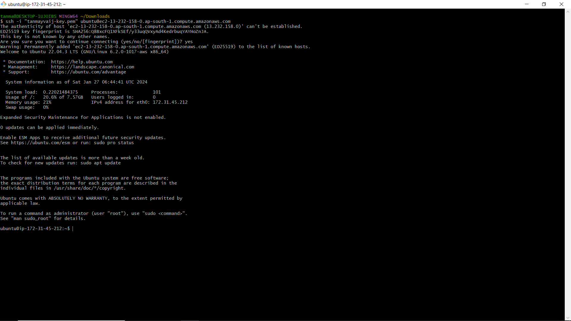 Connected to EC2 Instance via SSH