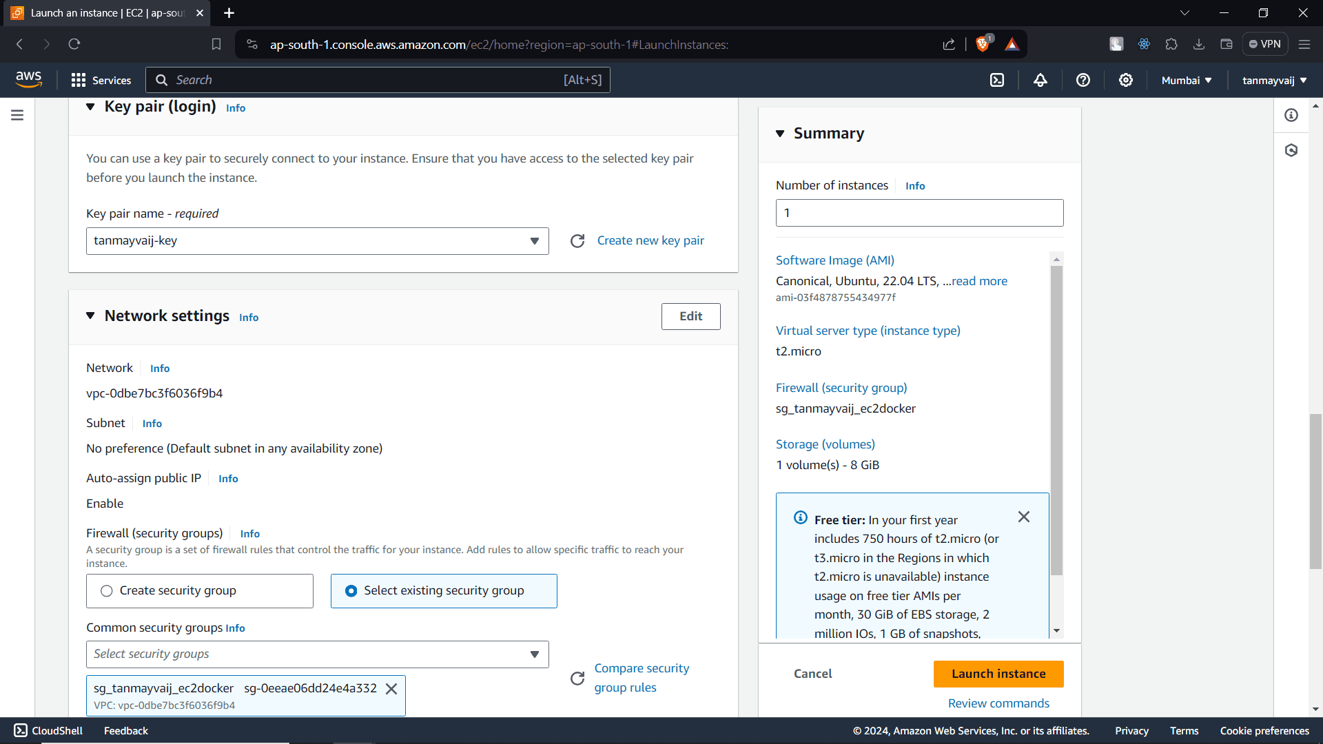 Select Key Pair and Security Group